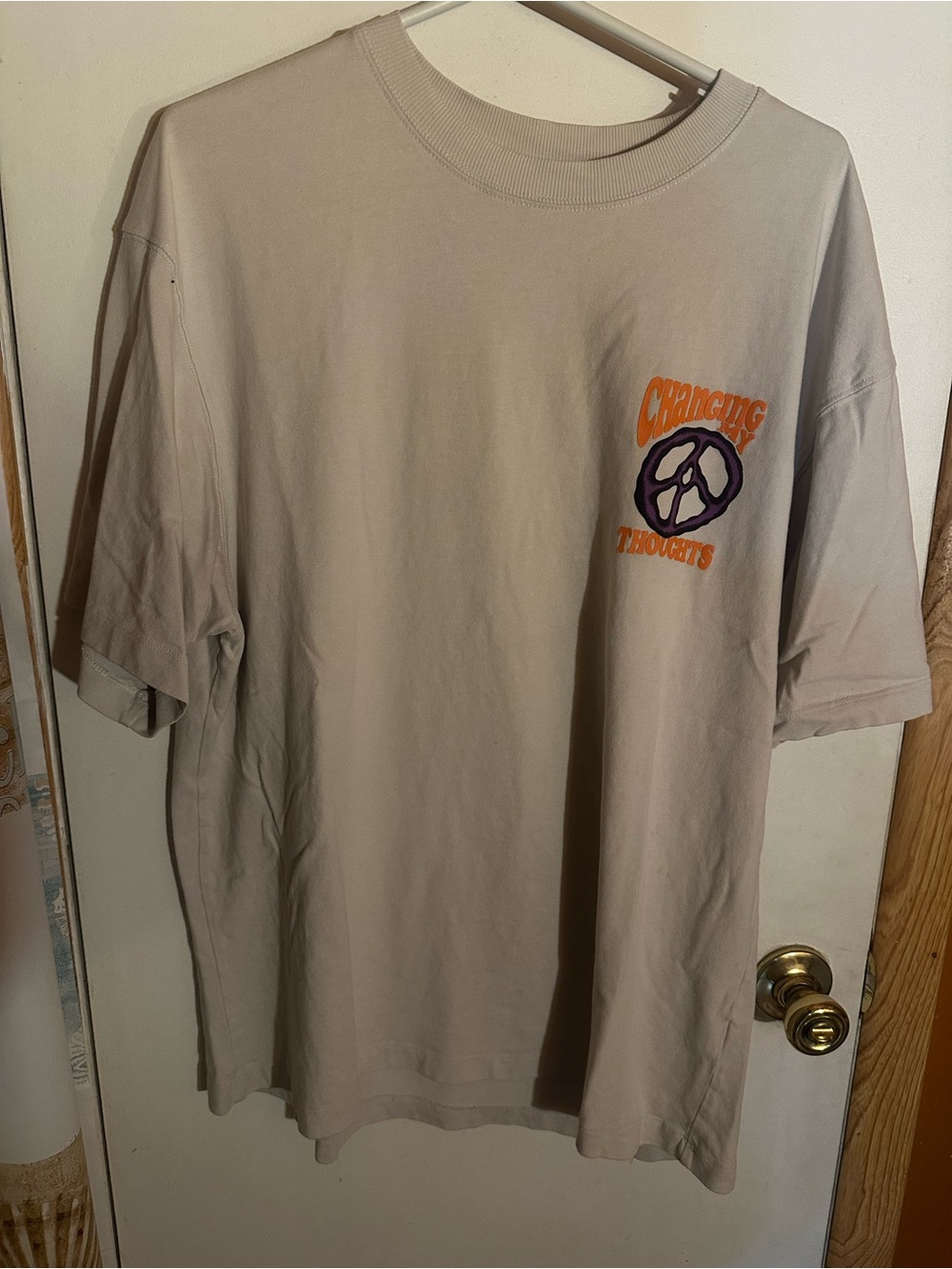 Zara Beige Short Sleeve Tee with Orange & Purple Graphic